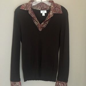 Long Sleeve Brown Sweater w/ Shirt Collar & Cuffs
